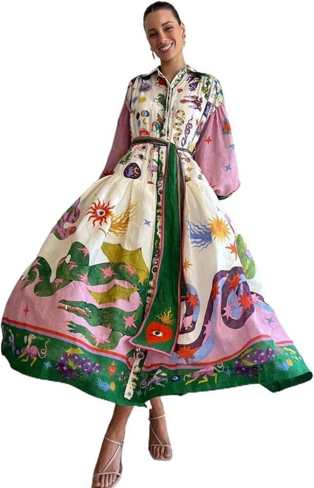 Oversized Polo Neck Printed Dress with Retro French Court Style Pleated Long Sleeved Loose Fittin... | Amazon (US)