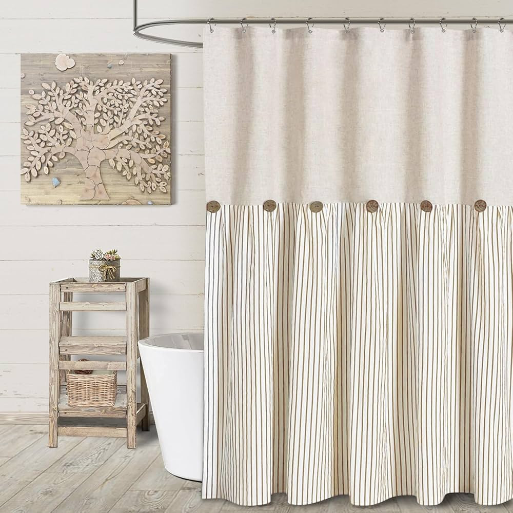 Awellife Farmhouse Beige Shower Curtain Button Linen Textured Woven Fabric,Pleated Beige Stripe,C... | Amazon (US)