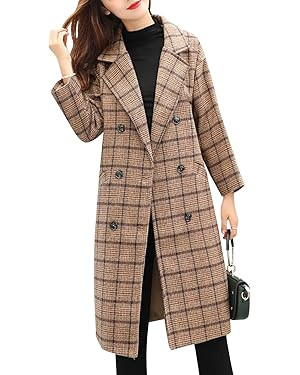 Tanming Women's Notch Lapel Double Breasted Wool Blend Mid Long Pea Trench Coat | Amazon (US)