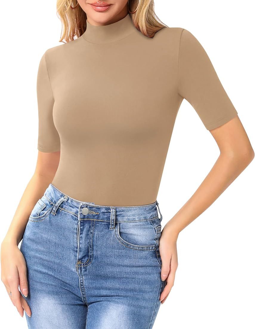Women's Mock Turtle Neck Slim Fit Cap Half Short Sleeve T Shirts Tight Tops Tee | Amazon (US)