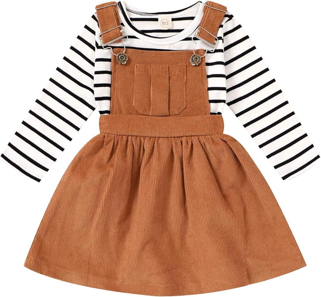Toddler Baby Girl Fall Outfit Long Sleeve Stripe T-Shirt and Strap Dress Overall with One Pocket ... | Amazon (US)
