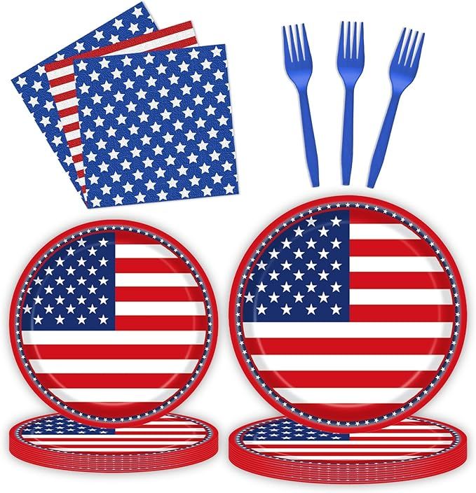 96 Pcs American Flag Patriotic Party Plates and Napkins Forks Supplies, Disposable Tableware Pape... | Amazon (US)