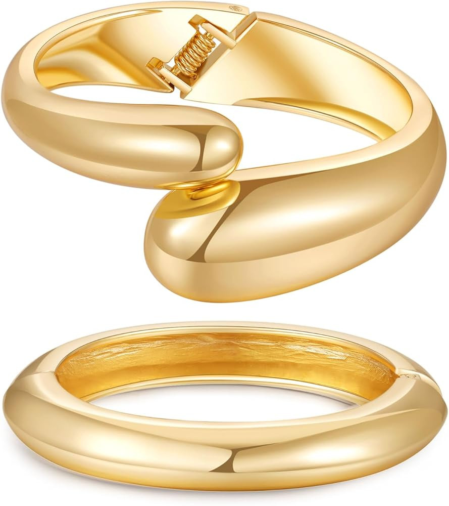 2pcs Gold Bangle Bracelets for Women, Trendy Hinged Cuff Open Wide Chunky Gold Bracelet Stack Arm... | Amazon (US)