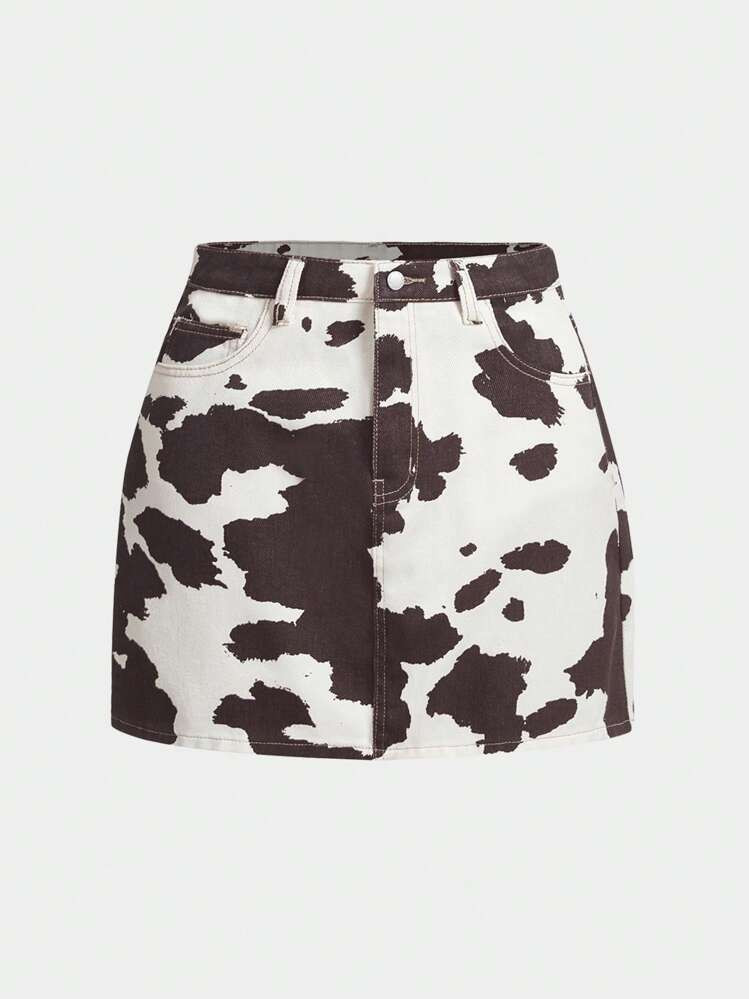 SHEIN MOD Women's Cow Print Casual Cotton Denim Skirt, Western Wear Women | SHEIN