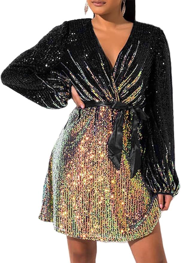 828 - Plus Size Long Sleeves Wrapped V Neck Sequins Skater Style Cocktail Evening Club Dress | Amazon (US)