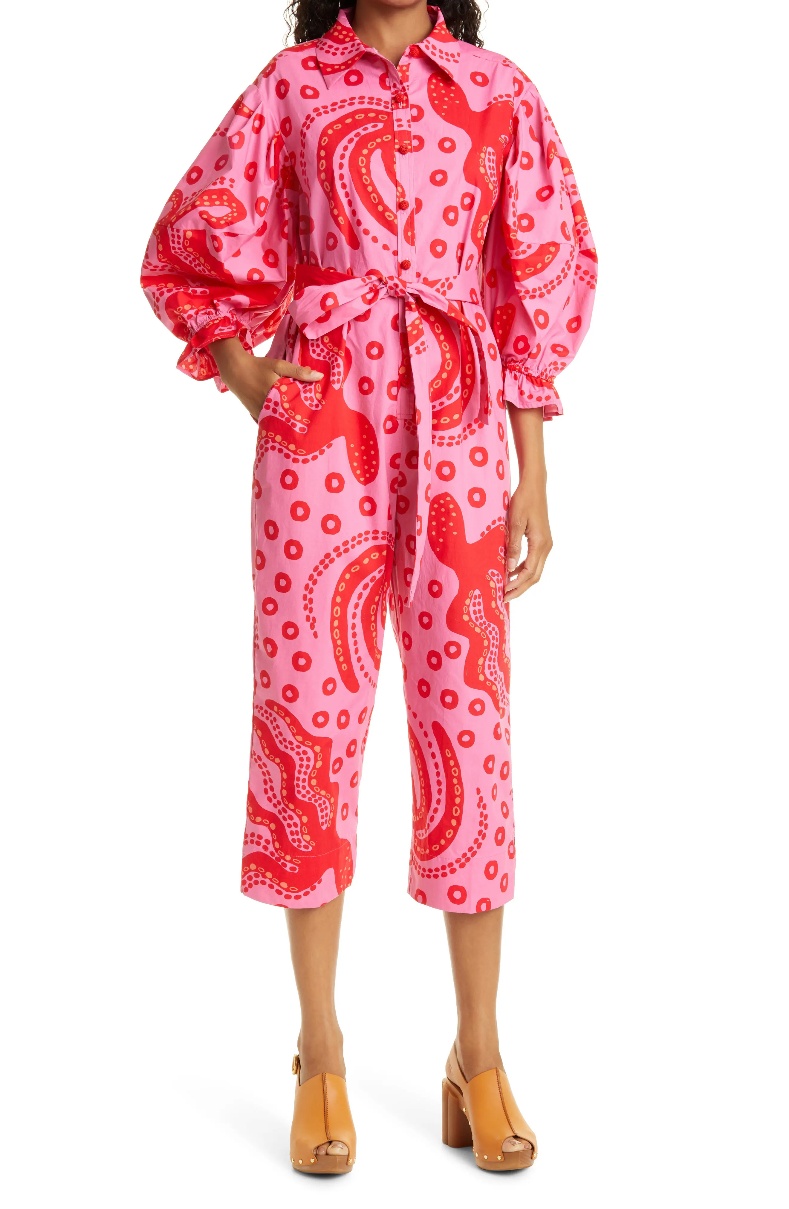 FARM Rio Octocool Crop Puff Sleeve Jumpsuit, Size Medium at Nordstrom | Nordstrom