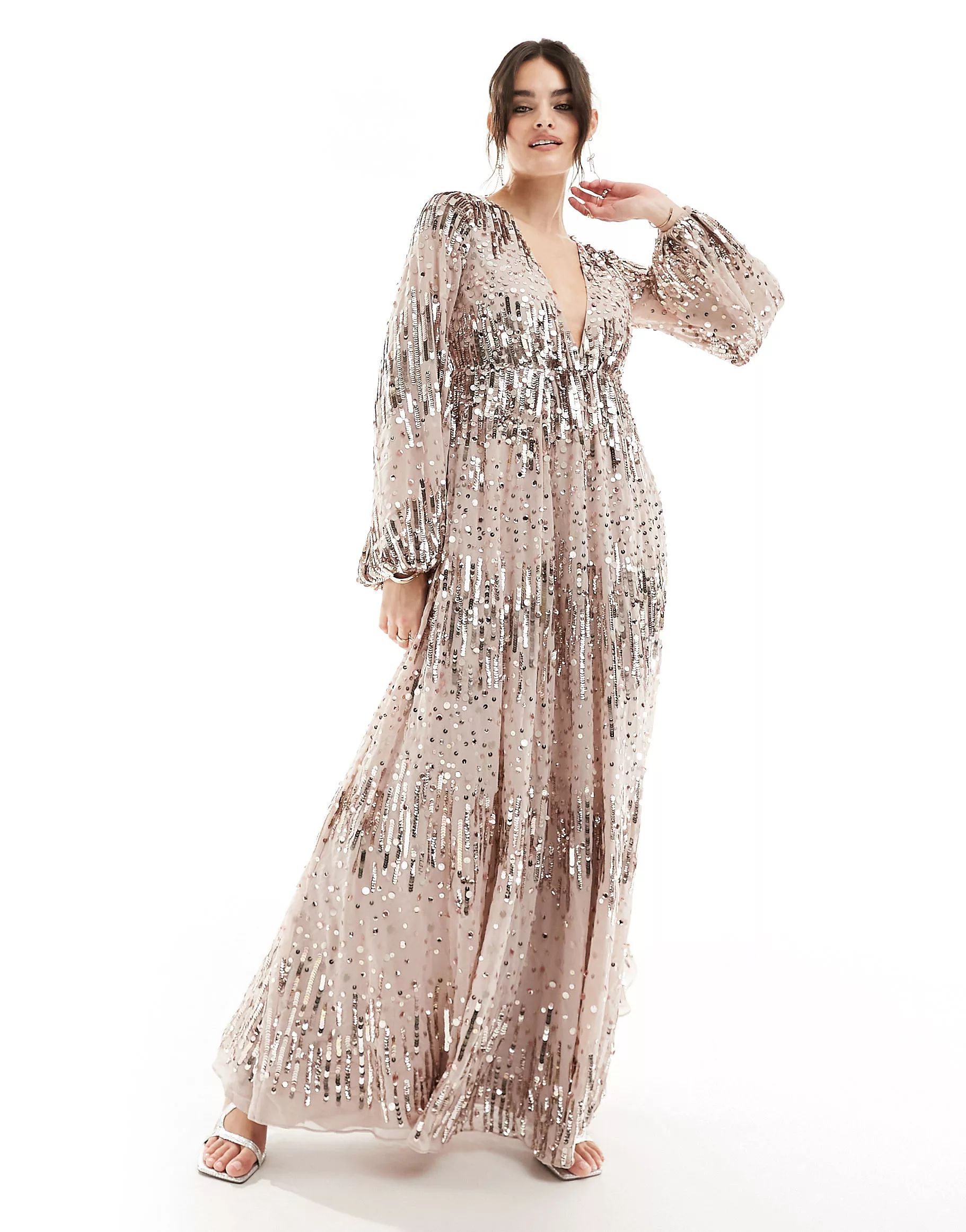 ASOS DESIGN US Exclusive embellished scatter sequin plunge maxi dress with balloon sleeve in ligh... | ASOS (Global)