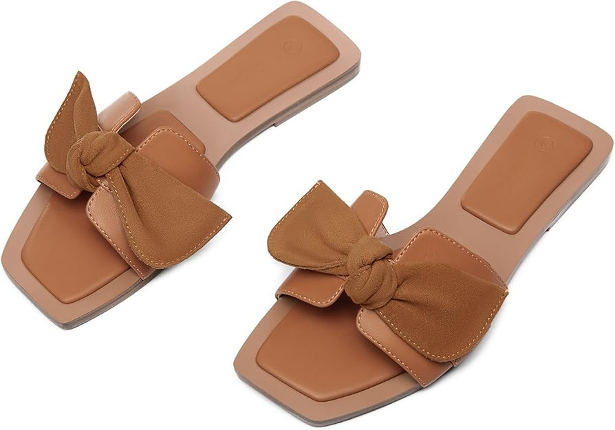 LAICIGO Womens Slip on Bow Sandals Dressy Comfortable Flat Sandals Square Toe Summer Slides | Amazon (US)
