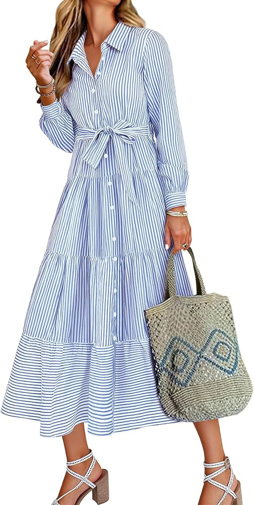 Caracilia Women Long Sleeve Maxi Dress 2026 Spring Casual Button Down Striped Plaid Tie Waist Shi... | Amazon (US)