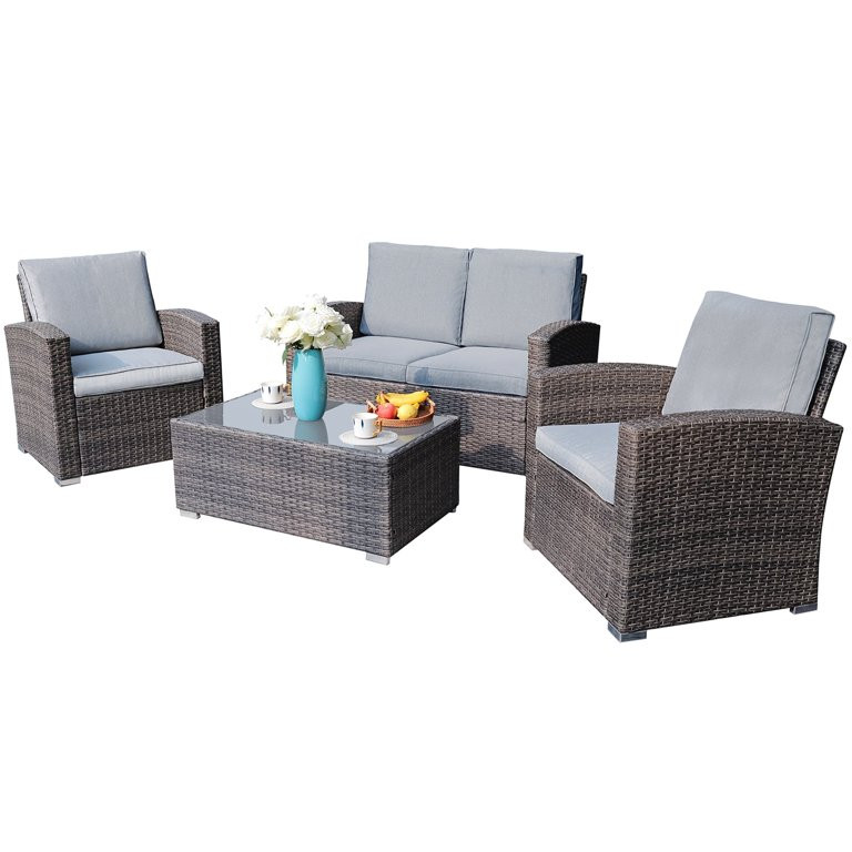 JOIVI 4 Pc Outdoor Patio Sectional Set, Gray Rattan | Walmart (US)