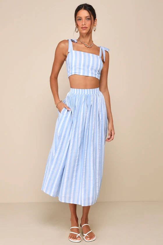 Cheerful Season Blue Striped Two-Piece Midi Dress With Pockets | Lulus