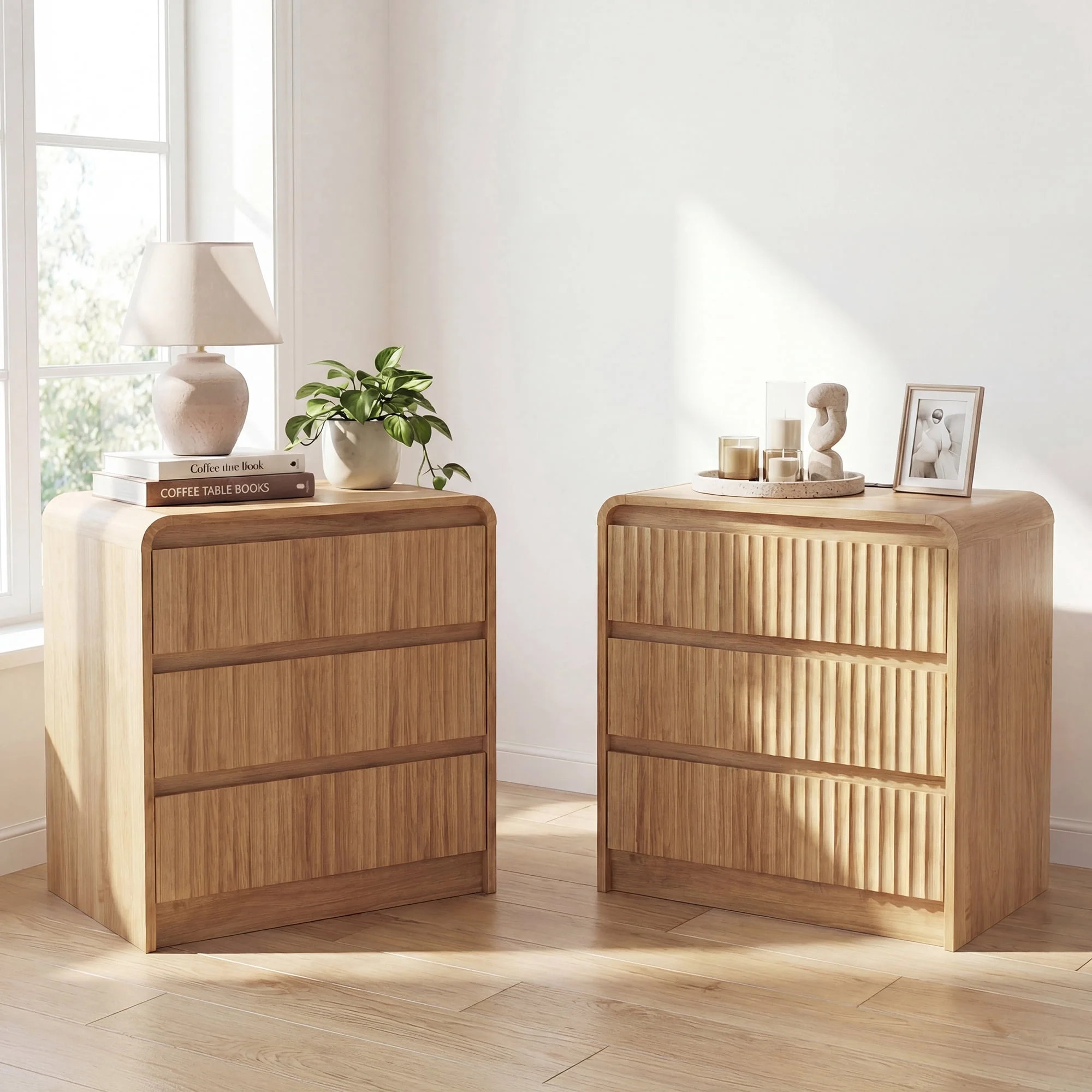 YDN Wooden Fluted Nightstand with Charging Station - 3 Drawers Bedroom Bedside Table Furniture, M... | Walmart (US)