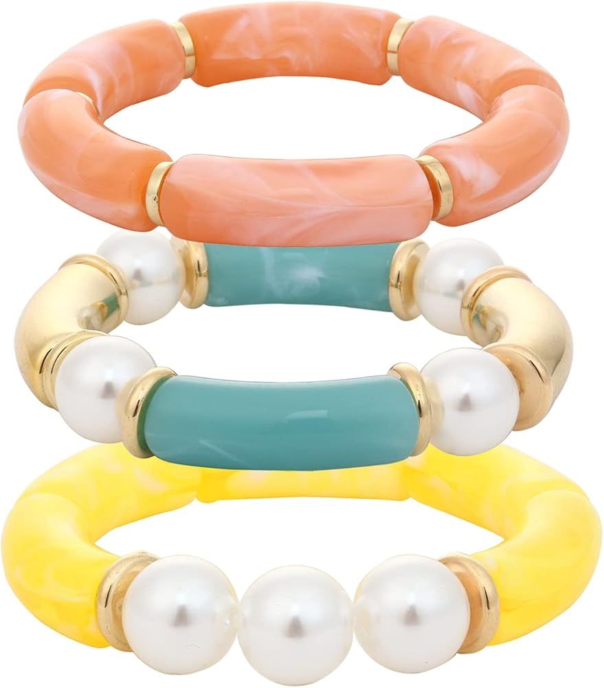Chunky Bamboo Tube Bracelets Colorful Curved Resin Stretch Bracelet Gold Stacking Bangles Acrylic... | Amazon (US)