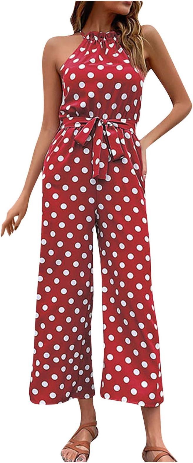 Women's Vacation Outfits Fashion Polka Dot Wide Leg Jumpsuit Neck Strap Beach Outfits | Amazon (US)