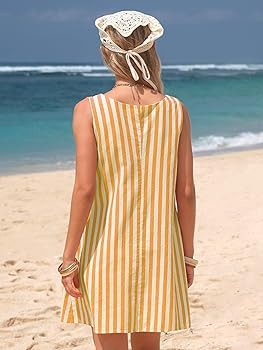 EXLURA Women Summer 100% Cotton Faux Linen Dresses Sleeveless Striped A-Line Mini Sundress Beach ... | Amazon (US)