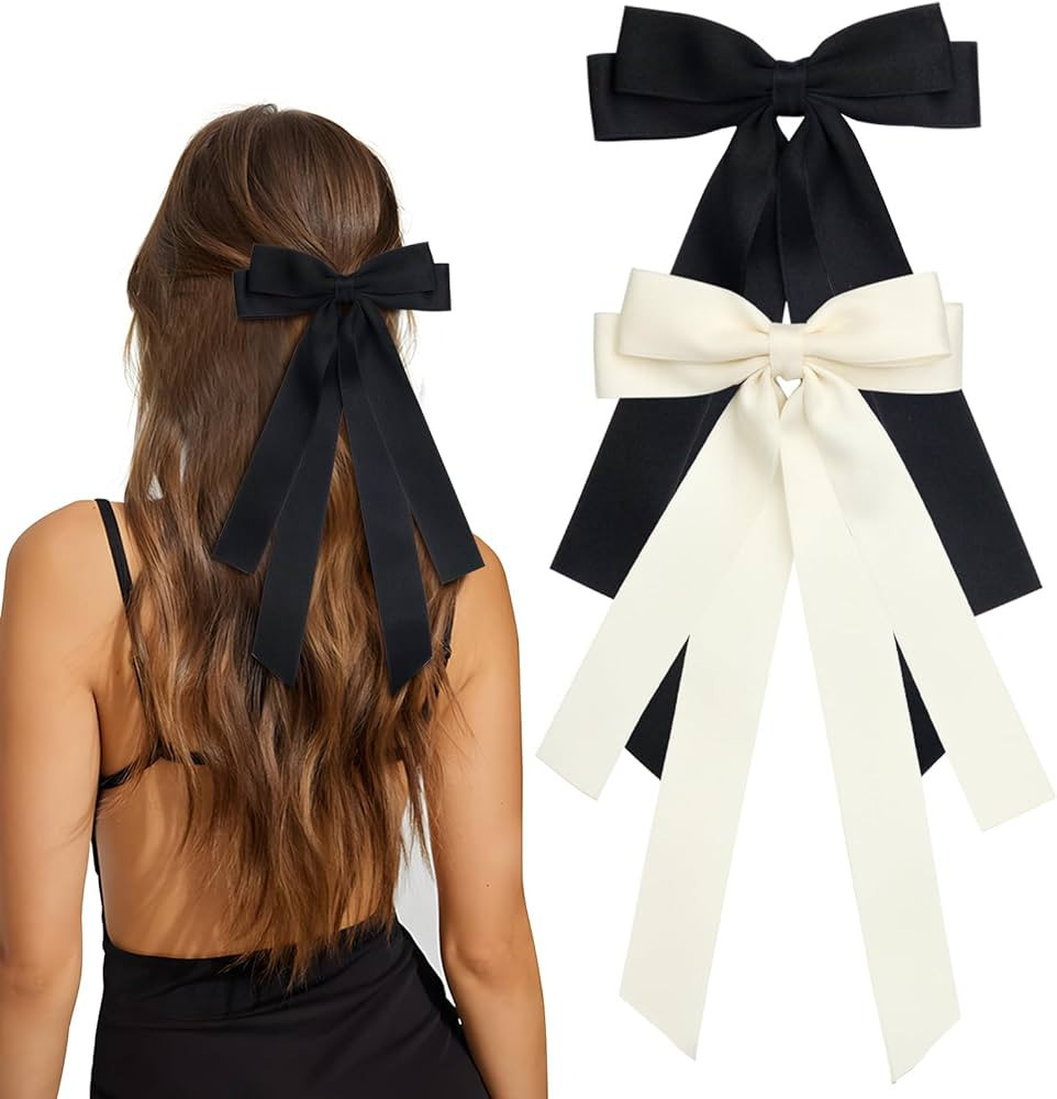 MIKONIKO Bow Hair Clips 2PCS Set for Women and Girls - Black Beige Ribbon Bows for Hair, with Lon... | Amazon (US)