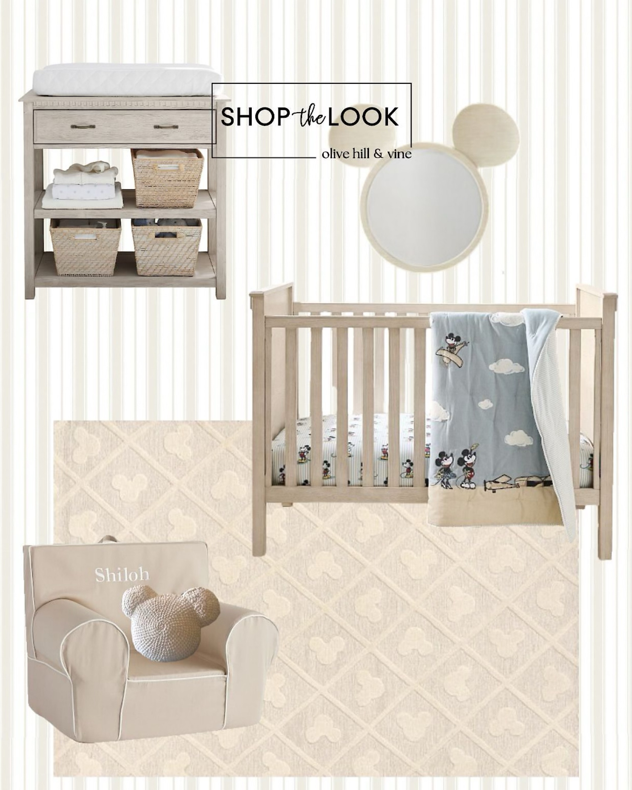 For the ultimate Disney-loving family, this nursery is pure magic. A convertible crib with crown and dentil molding in a weathered finish pairs with a matching changing table. Mickey details shine through a lattice rug, vintage-inspired bedding, striped wallpaper, and a charming resin mirror. 

#LTKBaby #LTKHome #LTKBump
