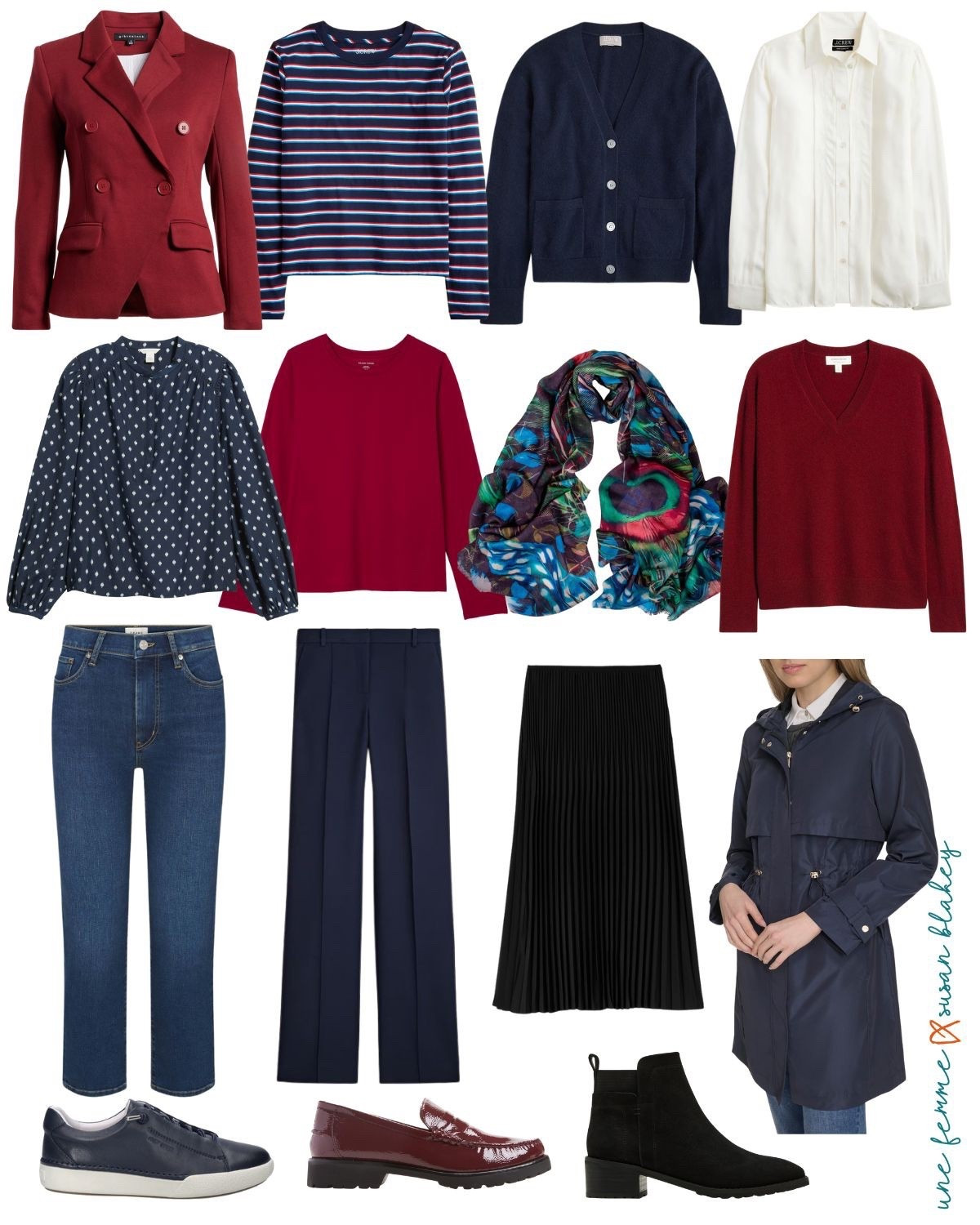 Planning a getaway? ✈️ This travel capsule is built on a cool palette of navy, white, and berry tones—classic, versatile, and easy to mix and match. From polished trousers and a pleated skirt to cozy knits and a packable coat, every piece works together for endless outfit options. Add in comfortable shoes and a statement scarf, and you’re ready to take on sightseeing days and chic dinners alike. Effortless style, less packing stress. 💙✨

#LTKOver40 #LTKPetite #LTKSeasonal