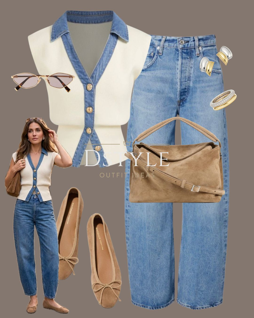 This look is giving "weekend in the city" with a vintage twist! The denim-trim detail on the knit vest is such a unique way to do a double-denim look without it feeling heavy.
#DenimOnDenim #SpringStyle #CasualChic #EffortlessOutfits #BalletFlats #SuedeBag 

 

#LTKootd