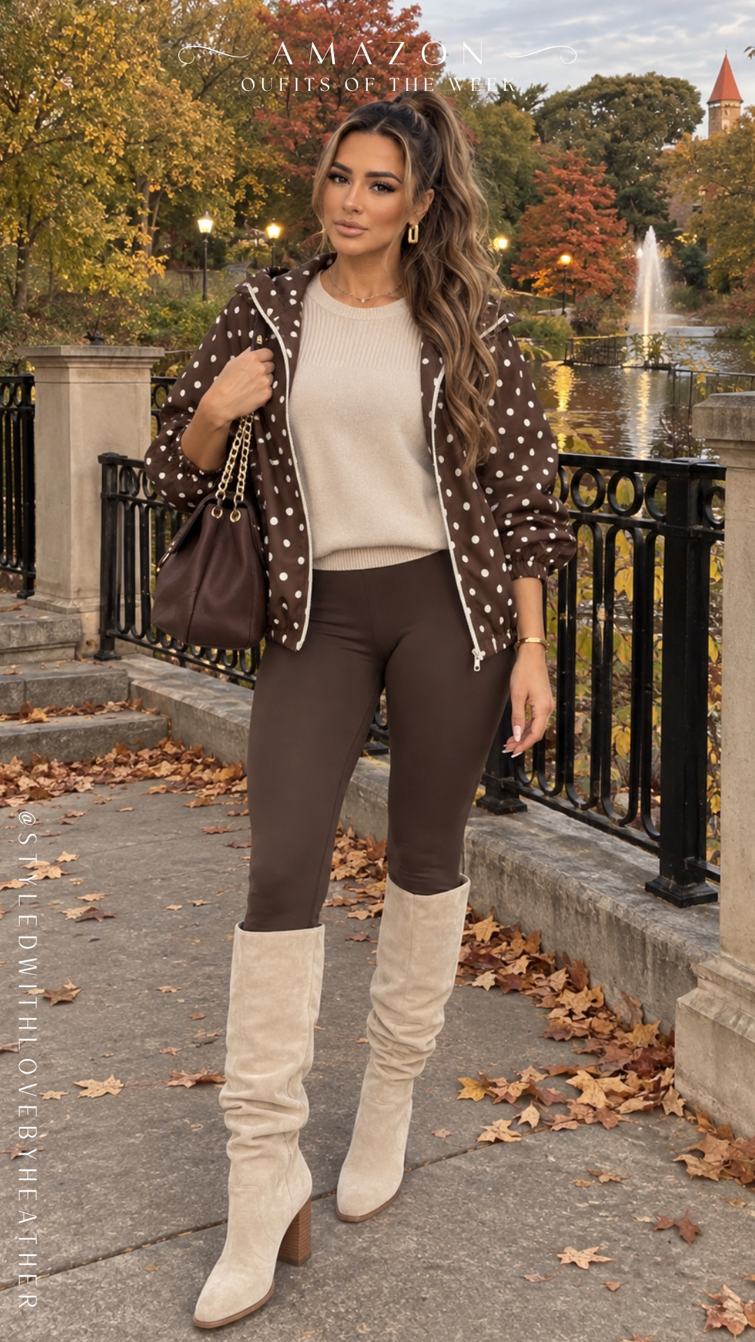 Polka dots + chocolate brown might be the unexpected fall combination I’m loving most. The printed jacket does all the work, while the neutral sweater, leggings, and tall boots keep it classic and wearable. Find the full Amazon outfit on my LTK! 

 #LTKootd #LTKSeasonal #LTKPetite