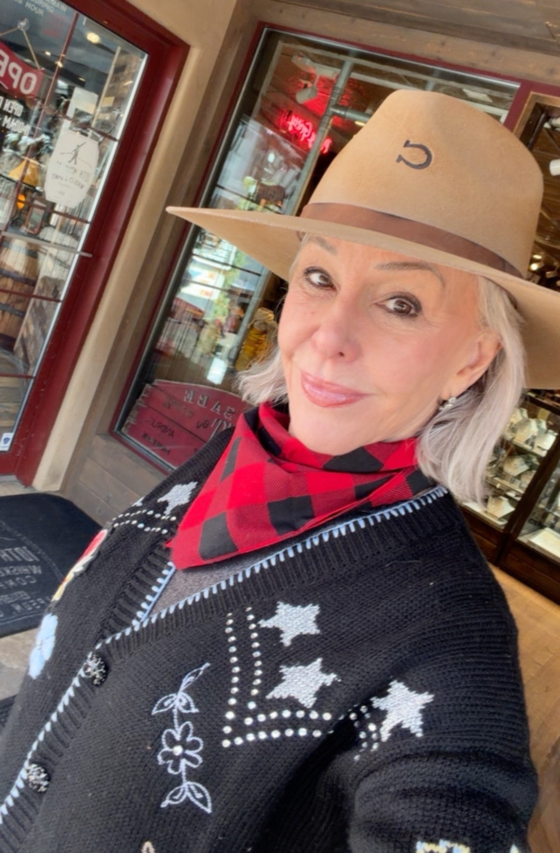 Charlie Horse hat 
Western hat, western style, cowgirl girl hat,
Wide brimmed hat
Buffalo neck scarf
Embroidered cardigan 

#LTKOver40