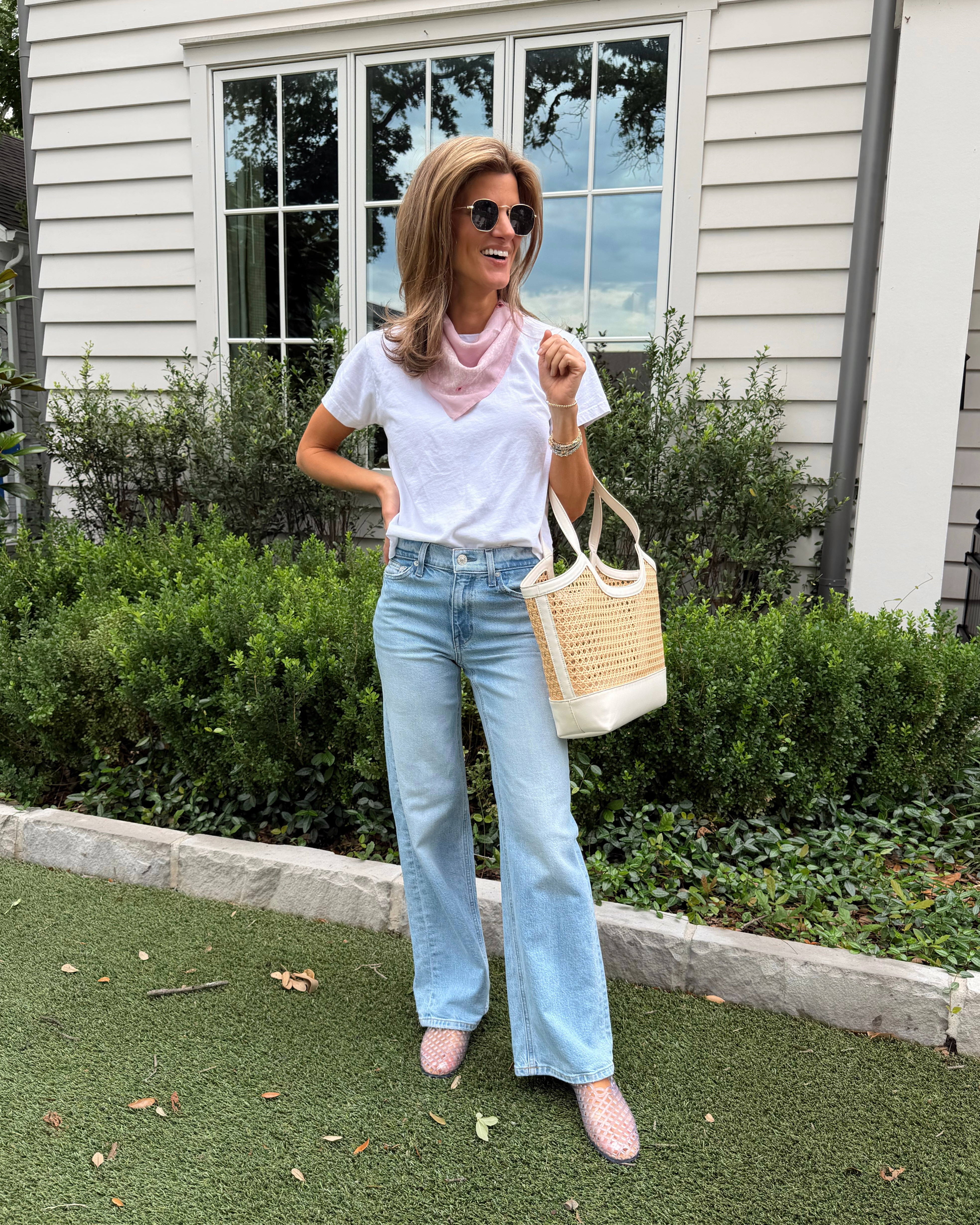 AYR secret sauce jeans and favorite white tee styled with cute pink bandana and steve madden jelly shoes 

 