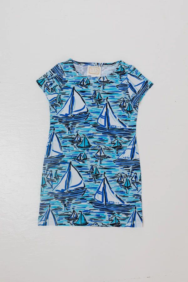 Blue Boat Print Kids Short Sleeve Dress | Sail to Sable