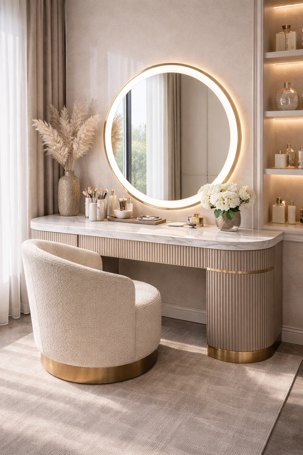 A sophisticated neutral vanity setup featuring a marble-top makeup table, round LED mirror, soft boucle chair, and warm beige decor. This modern beauty corner blends minimalist design with luxury interior style, creating a calm and elegant space for skincare, makeup, and self-care moments. Perfect inspiration for a feminine vanity room, modern bedroom beauty area, or luxury dressing table aesthetic.

#vanitytable #makeupvanity #luxuryinterior #modernvanity #neutraldecor #beigedecor #vanitysetup #beautyroom #dressingtable #interiorinspo #modernhome #luxurydecor #vanityinspiration #neutralinterior #homedecor