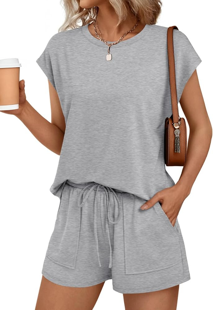 LILLUSORY Womens Crew Neck Cap Sleeve Drawstring Two Piece Summer short Sets Sweatsuit with Pocke... | Amazon (US)