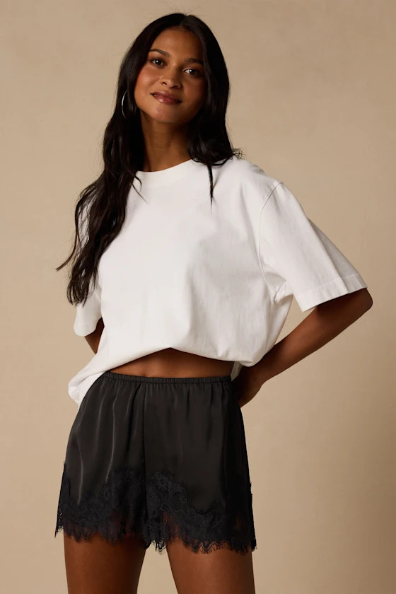 Jana Black Satin Lace Shorts | Lulus
