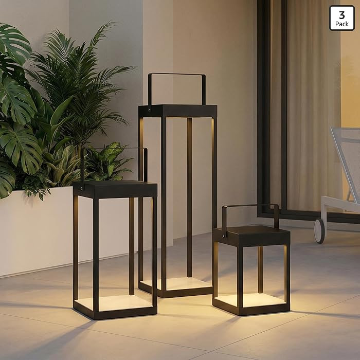 Set of 3 Modern Black Metal Lanterns Lights Battery Powered Floor Lamp, 21.6"/11.7"/6.5" H, Indoo... | Amazon (US)