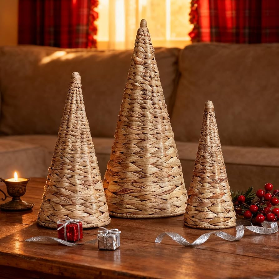 3pcs Woven Water Hyacinth Christmas Trees Decor, Artificial Christmas Tree Decorations for Home P... | Amazon (US)