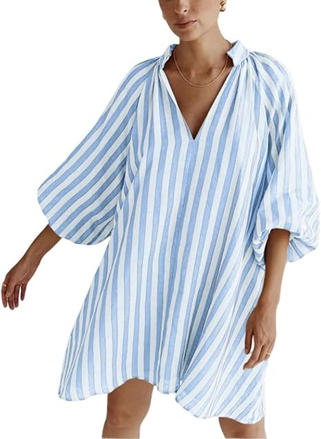 CHARTOU Women Summer Striped Beach Vacation Mini Dress 3/4 Sleeve Boho Chic Outfits Tunic Shift D... | Amazon (US)