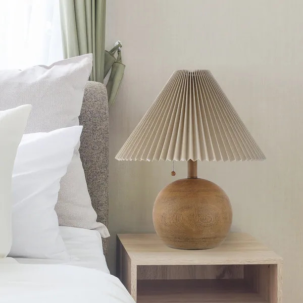 Arvid 17.25" Coastal Scandinavian Resin/Iron Sphere LED Table Lamp with Pleated Shade and Pull Ch... | Bed Bath & Beyond