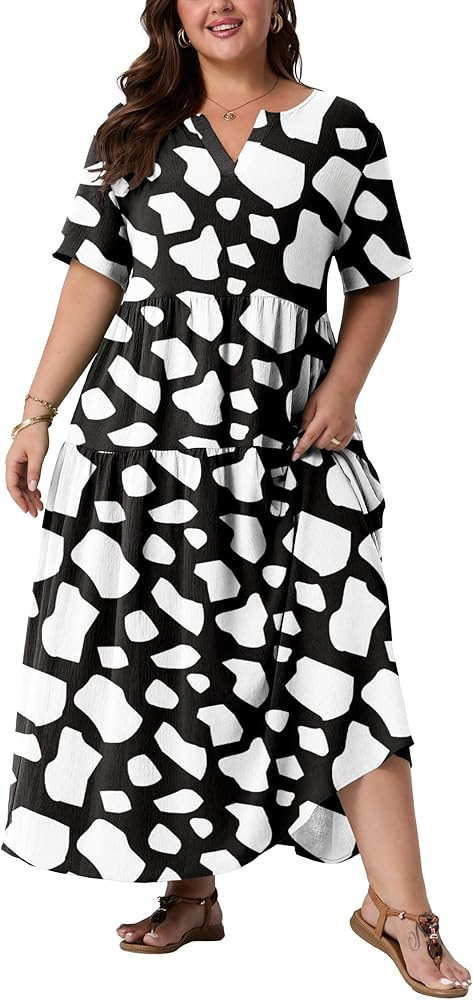 OLRIK Plus Size Maxi Dresses for Curvy Women - Flowy Boho Summer Dress with Pockets, V-Neck Short... | Amazon (US)