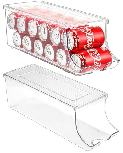 Puricon 2 Pack Soda Can Organizer Dispenser for Refrigerator, Plastic Canned Food Pop Beverage Container Holder Storage Bin with Lid for Freezer Rack Pantry Cabinet Cupboard Kitchen -Standard | Amazon (US)