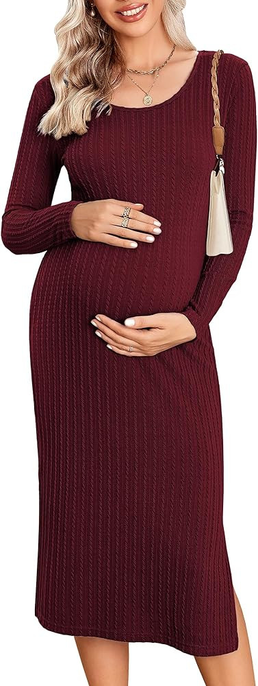 Ekouaer Maternity Dress Rib Knit Long Sleeve Side Slit Bodycon Dresses Pregnancy Baby Shower Clot... | Amazon (US)