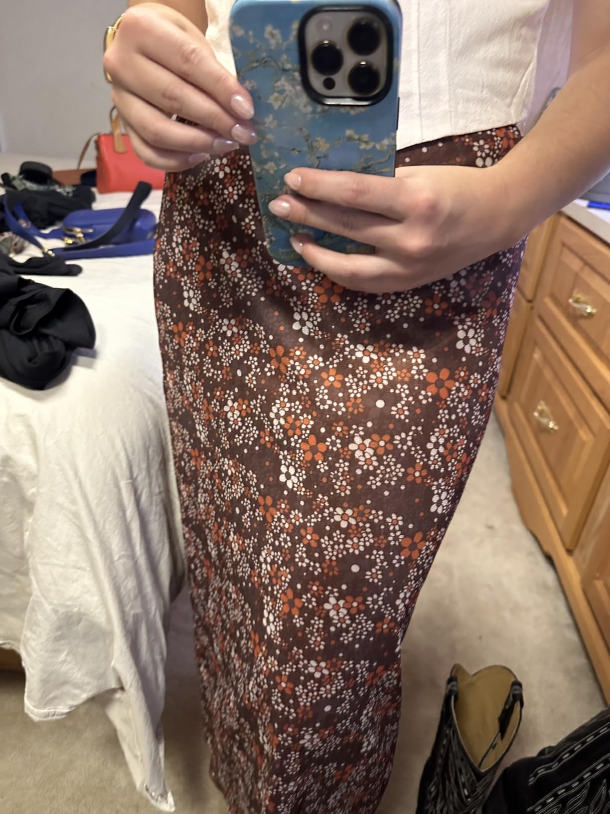 Avanova Women Ditsy Floral Bohemian Mesh Midi Skirt Elastic High Waisted Flowy Summer Long Skirt | Amazon (US)