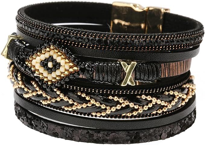Kar Nann Ethnic Leather Bracelet Layered Leather Bracelet Bohemian Jewelry Hand-Woven Khaki Leath... | Amazon (US)