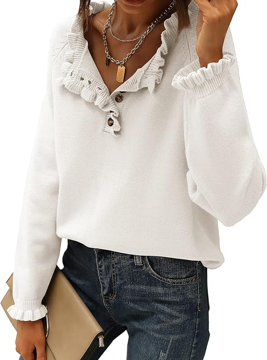 BTFBM Women's Sweaters Casual Long Sleeve Button Down Crew Neck Ruffle Knit Pullover Sweater Tops... | Amazon (US)
