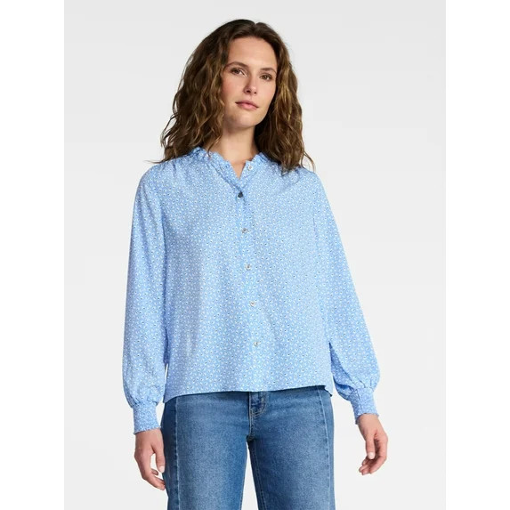 Time and Tru Women's Ruffle Button Down Blouse with Long Sleeves, Sizes XS-XXXL | Walmart (US)