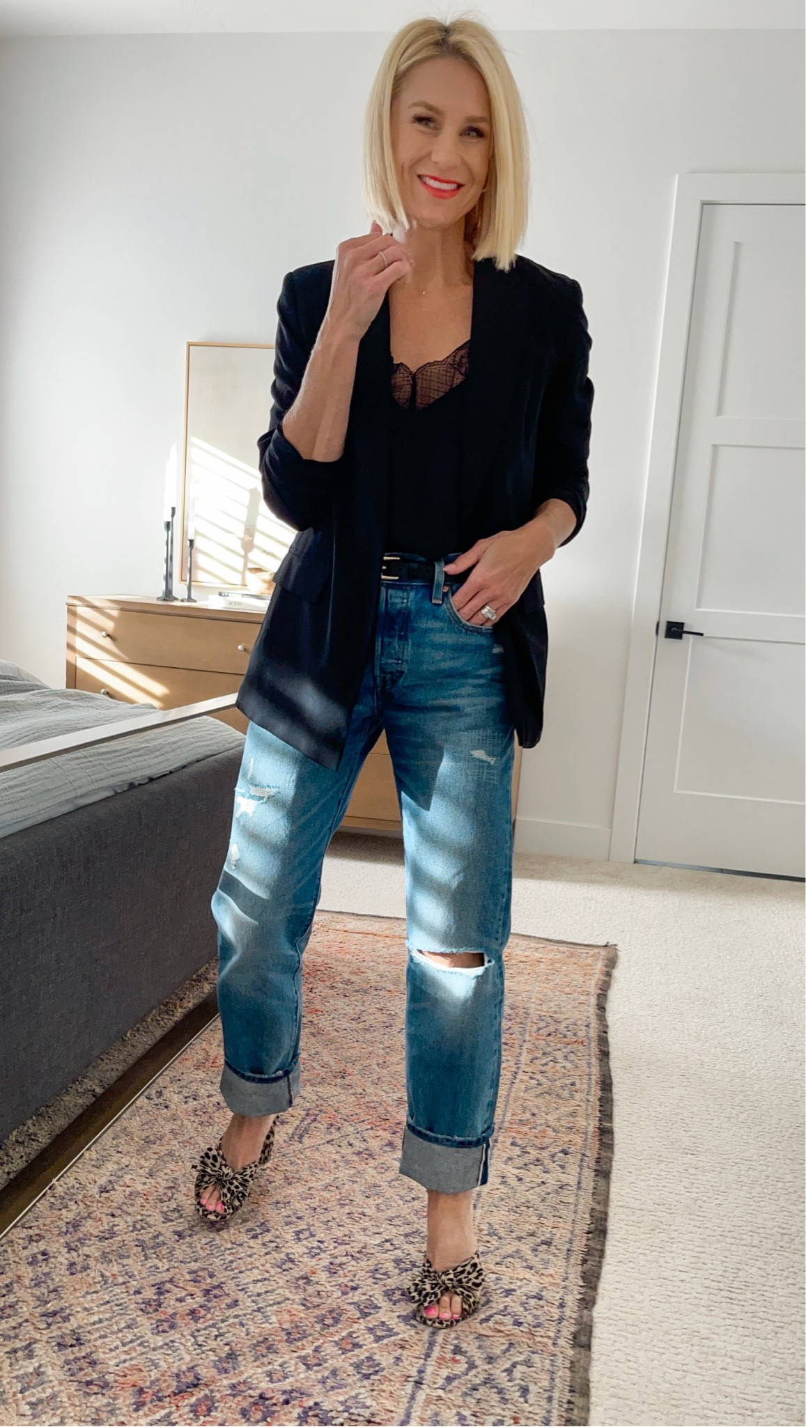 Mixing casual & dressy pieces for a night out! Love a good Jeans + cami + blazer + heel combo. 
I sized down to a small in blazer and think the jeans run TTS for a baggy fit. Wearing 27x32 so I can wear them cuffed or not.
Wearing XS/S belt - I think it would fit up to a size 8. It’s perforated so lots of holes.😄

#LTKsalealert #LTKSeasonal #LTKover40
