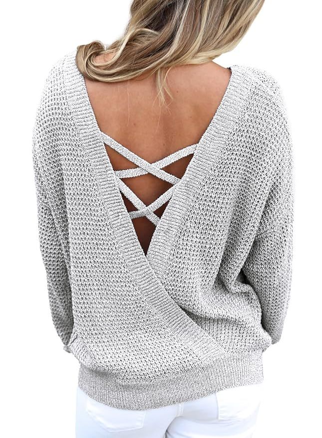 Asvivid Women's Long Sleeve Criss Cross V Neck Knitted Sweater Backless Loose Jumper Sweaters | Amazon (US)