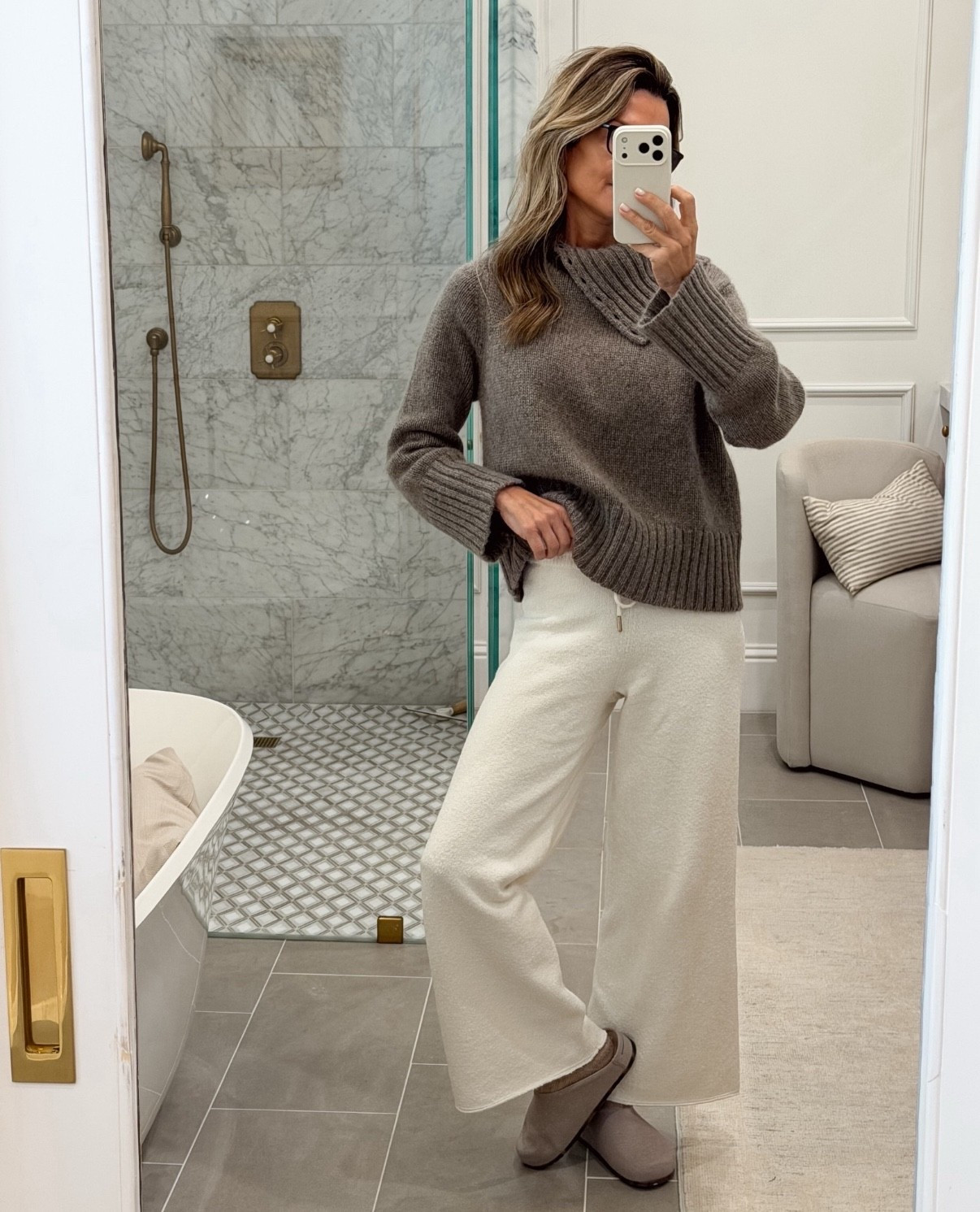 -Jenni Kayne Jackie sweater is a splurge but worth-it! TTS wearing XS 
-Splendid x Cella Jane knit pants are COZY! Boucle. I’m 5’6” XS
-Clogs on repeat with support TTS 

#LTKHoliday #LTKOver40