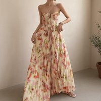 Floral Pleated Long Dress, Halter Summer Beach Dress For Women, A-Line Vacation Sundress | Etsy (US)