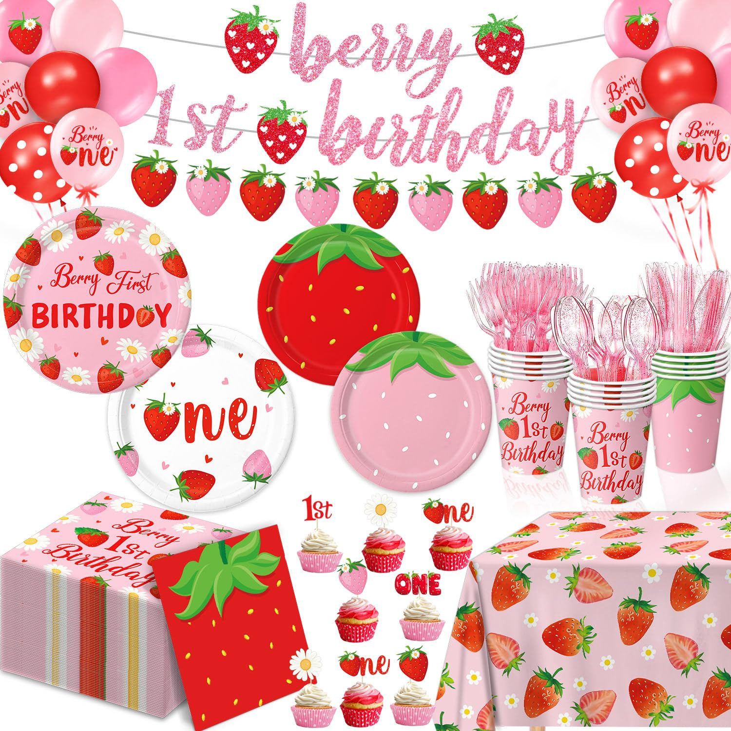 Berry First Birthday Decor Strawberry 1st Birthday Decorations for Plates, Napkins, Cups, Cutlery... | Amazon (US)