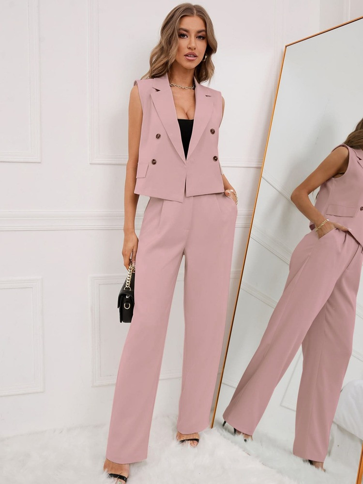 Double Breasted Blazer Vest With Suit Pants | SHEIN