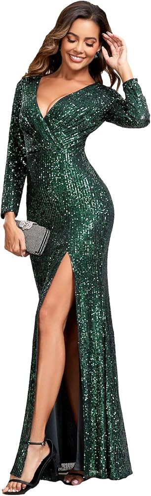 Ever-Pretty Womens Sequin Evening Dress Long Sleeves Side Split Floor-Length Formal Gowns 00824 | Amazon (US)