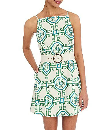 Mestiza New York Havana Printed Poplin High Square Neck Sleeveless Fit-And-Flare Belted Mini Dress - 4 | Dillard's