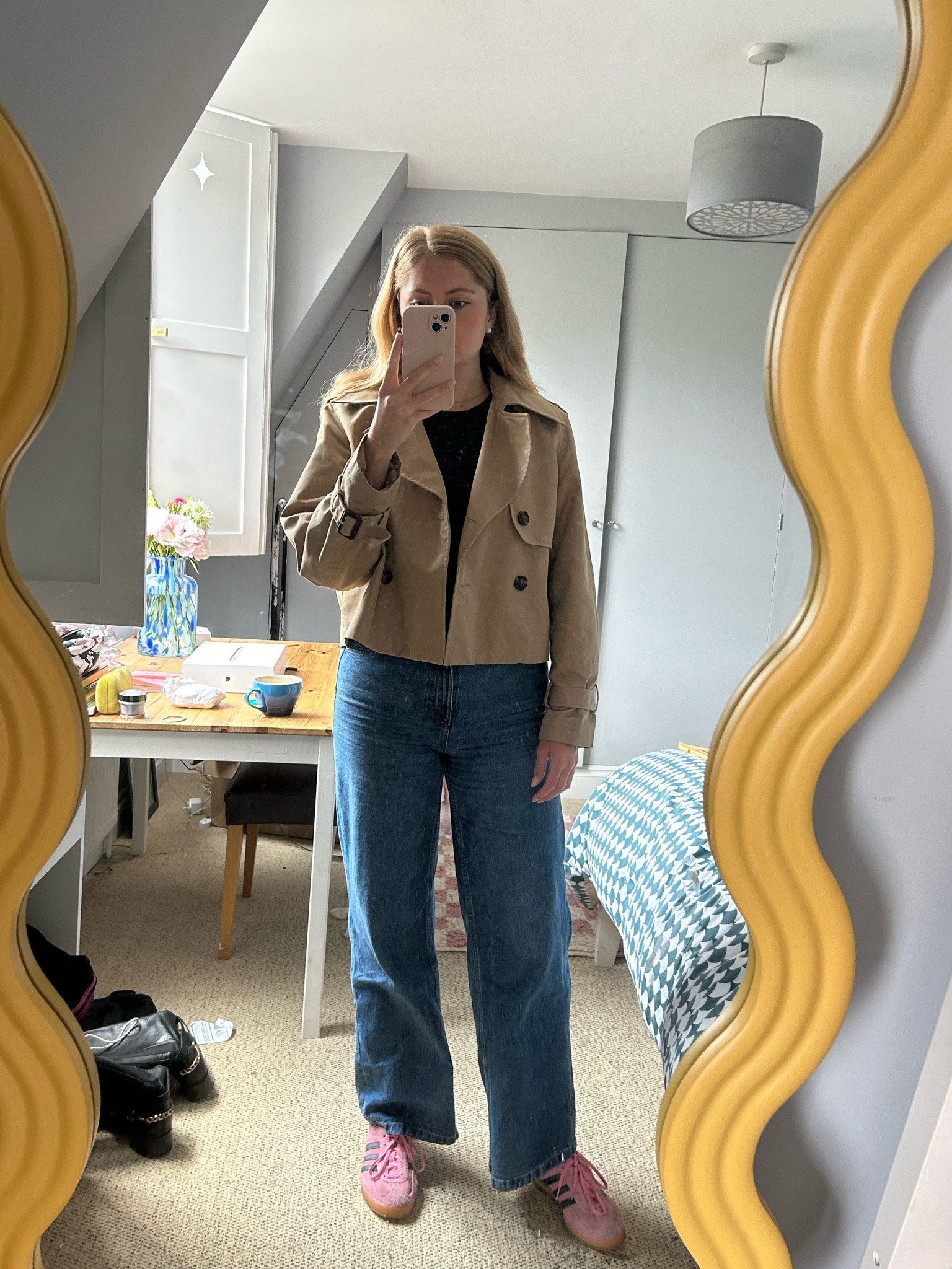 work outfit, office outfits, sneakers, workwear, office, summer outfits, cropped trench coat, trench jacket, pink adidas gazelle trainer, denim jeans 

#LTKeurope #LTKuk #LTKworkwear